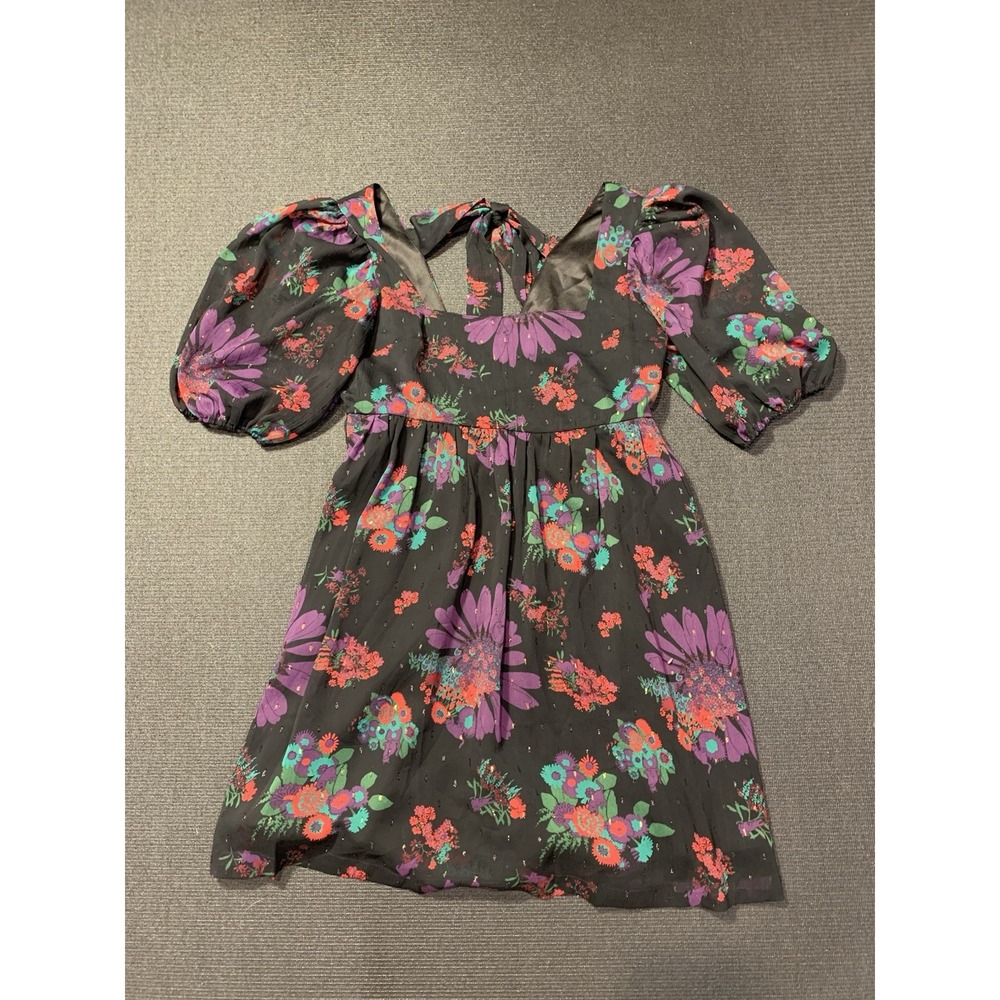 ModCloth Black Floral Puff Sleeve Babydoll Dress‎ size Medium Meow Bouquet Retro